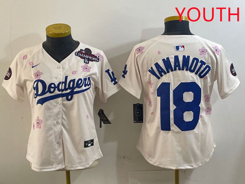Youth Los Angeles Dodgers #18 Yamamoto Cream Sakura Edition 2025 Nike MLB Jersey style 9